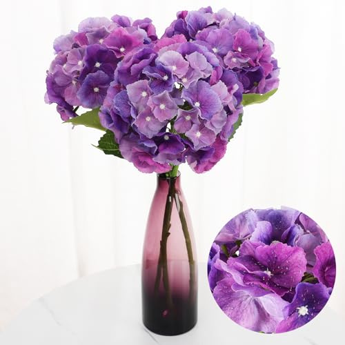 Avoeco 3Pcs 21” Hydrangea Artificial Flowers, Large Real Touch Hydrangea, Lifelike Faux Blue Hydrangeas, Fake Hydrangea Stems Perfect for Home Decor, Wedding, Party,Centerpiece Decor (Purple)