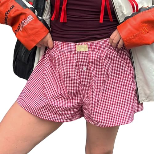 XIXIMAON Kakel pyjamasbyxor för kvinnor, lätta sommarpyjamasshorts med knapp lediga nattshorts med elastisk midja, Färg: röd, M