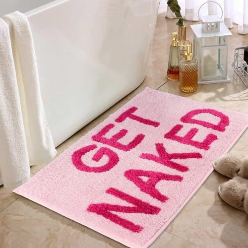 Litinliv Badezimmerteppich “GET Naked”, rutschfeste Badematte 40 x 60 cm, Duschvorleger für Badezimmer, Teppich Fußmatte für Badezimmer, Duschvorleger für Dusche WC Deko, Saugfähig Badvorleger Pink