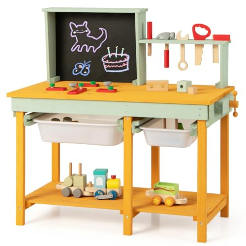 COSTWAY Werkzeugbank Kinder, Spielwerkbank aus Holz mit Tafel & 2 Aufbewahrungsboxen, Werkstatt Werkbank Montessori mit 16 Zubehören für Kinder ab 3 Jahren