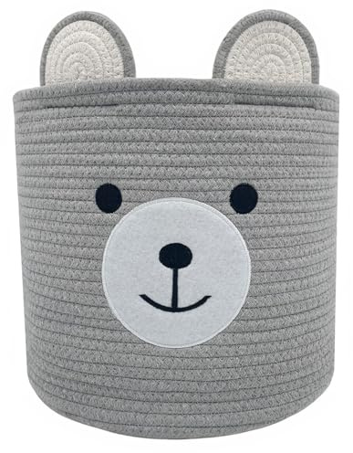 Bärenkorb, Baumwollseil, Wäschekorb für Mädchen, Kinder, Baby, Kinderzimmer, gewebter Aufbewahrungskorb für Wohnzimmer, Mädchenzimmer, Boho-Körbe für Decke, Spielzeug, 34,9 cm D x 30,5 cm H (Hellgrau)