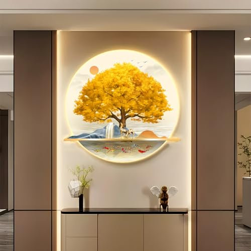 Decorazione da Parete Mucca da mungere Arte da Parete Decorazione da Appendere Paesaggio Cinese Decorazione da Parete Arte a LED Albero della Vita Rotondo Albero genealogico Scultu