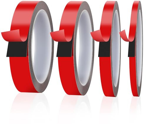 Euqvunn Doppelseitiges Klebeband Extra Stark 3,0 m × 4 Rollen, Klebeband Ablösbar, Schaumstoffband, für Teppiche, Wandhaken, Dekorationen, LED-Streifenlichter (0,6/1/1,5/2 cm × 0,8 mm)