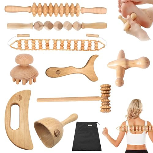 HTT GLOBAL Wood Therapy Massage Tools (7Pcs), Maderotherapy Kit with Lymphatic Drainage Massager, Cellulite massager body sculpting, Wooden Massage Roller for Relieve Pain, Massage Tools for Full Body