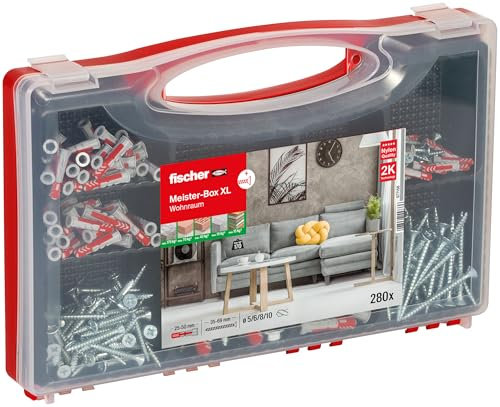 fischer Meister-Box XL Habitat Lot de 210 chevilles et vis de 5 à 10 mm de diamètre pour les bricoleurs et les professionnels, utilisation universelle pour supports inconnus en intérieur
