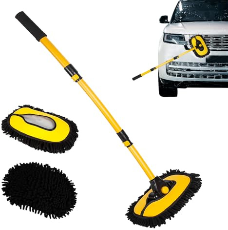 EICKMO 15° Curved Car Wash Brush with Telescopic Handle, Scratch-Free Car Cleaning Brush for Car Van Truck SUV RV, 43 Aluminum Alloy Long Handle Wash Mop, Soft Chenille Head Not Damage Car Paint