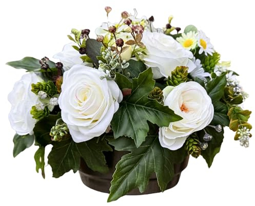 Generisch Grabgesteck mit künstlichen Rosen Blumen 30cm breit | im Topf mit Beschwerung sehr stabil | wie Echt EU Handmade | für Friedhof Aber auch als Hausdekoration - Innen und Außenbereich
