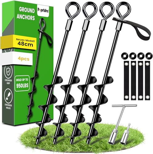 Ancoraggio a terra 48 cm, confezione da 4 con cinghie resistenti, ancoraggio a terra da avvitare nel terreno per tende, altalene, tettoie, particolarmente stabili e facili da installare