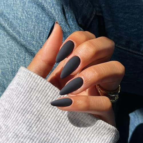KQueenest Matte Schwarz Press On Nails Mittel Mandel - Acryl Nägel zum Aufkleben, Natürlich Einfarbig Fake Nails Fingernägel zum aufkleben, Gel Full Cover Kunstnägel für Frauen 24 Stück