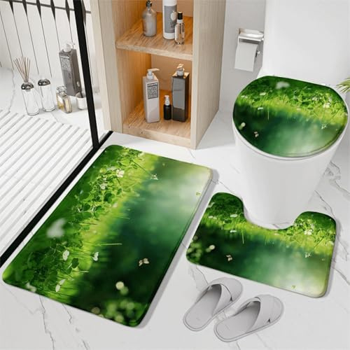 Bad Teppiche Set Dunkelgrüne Pflanzen Badezimmerteppich Waschbar WC Vorleger mit Ausschnitt und WC Deckelbezug 3 Teilig Badematte rutschfest Toilettensitzbezug Badgarnitur 45x75 cm