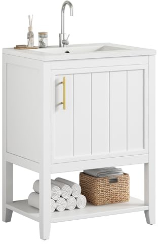 dowowdo Freistehender Waschtischunterschrank 60cm mit Keramikbecken – Modernes Badmöbel in Hellgrau mit praktischem Ablagefach, ideal für kleine Bäder