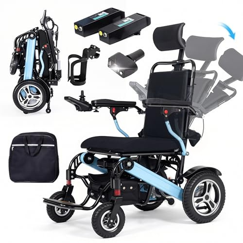 WEYRAL Silla de ruedas eléctrica reclinable con función reclinable con un solo toque, alcance de 48 km con dos baterías de litio de 12 Ah, silla de ruedas eléctrica de 700 W con iluminación LED USB