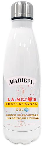 Botella Térmica Personalizada con Nombre para Profe de Danza Ballet, Botella de Agua Color Blanco, Tapa de Acero Inoxidable, Diseño La Mejor Profe de Danza del Mundo