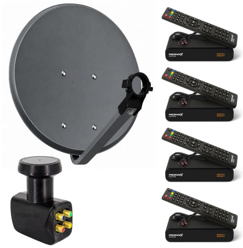 Premium X Satelliten-Komplettanlage 60cm Antenne Anthrazit Quad LNB für 4 Teilnehmer 4X DVB-S2 SAT TV Receiver FullHD