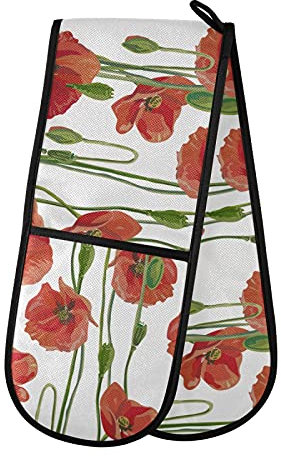 Moyyo Oven Glove Red Poppies Flowers Double Oven Glove Heat Resistant Kitchen Oven Mitt with Soft Quilted Cotton Lining Filling Pot Holders for Basking Cooking Pizza Microwave