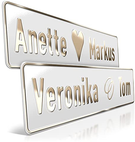 1 Hochzeit Autoschild Weiß | Goldprägung Wunschtext | Herz & Ringe | Aluminium Hochzeitsschild | Hochzeitsauto Kennzeichen | just married | grod gheirat