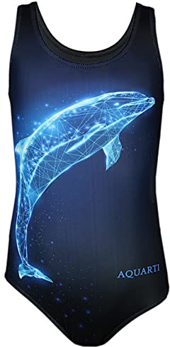 Aquarti Costume Piscina Bambina Intero con Stampa – Resistente, Confortevole e alla Moda, Delfino Digitale/Blu/Nero, 140