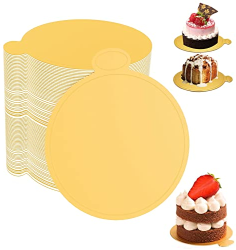 100 Pièces Planches à Gâteaux La Mouss, 9cm Doré Mini Assiettes Desserts Rondes à Gâteaux en Carton, Mousse Supports Rond en Carton, Support à Gâteau avec Languette pour Mousse, Cupcakes, Desserts