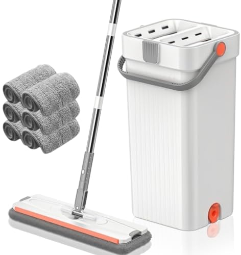 Mopa Cubo Escurridor Fregona Plana Compartimento con 6 Almohadillas Doble Escurridor para Limpieza Suelos Azulejos Tarima Madera Extra LARGO155cm Atrapa Polvo Ventanas Mop Bucket Set