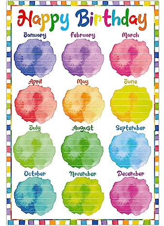 PETCEE Póster de cumpleaños en acuarela para aula, 41.9 x 28.4 cm, calendario de feliz cumpleaños para decoración de tablón de anuncios, suministros de enseñanza de regreso a clases