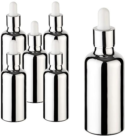 gouveo 6er Set Pipettenflaschen 50 ml aus Glas silberfarben - Leere Apothekerflasche aus Braunglas mit Silberfärbung - Tropfflasche mit Glaspipette für Essenzen, Öle, Parfüm