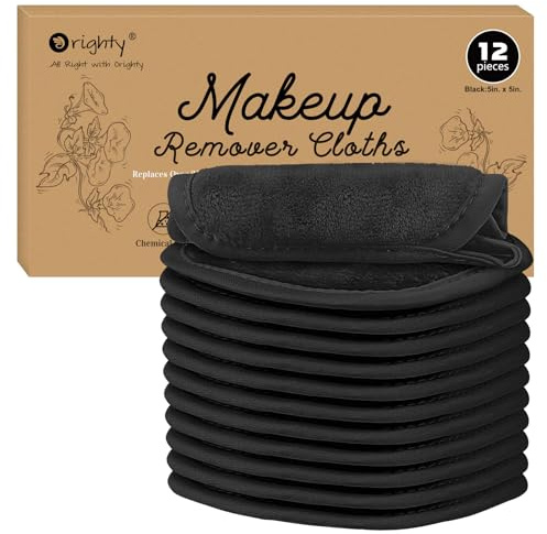 Orighty Makeup Remover Cloths 12 Pack, Makeup Removal Face Cleansing Cloth, Reusable Make-up Remover Pads Remove Instantly Dirt with Just Water, 5 x 5 in (Black)