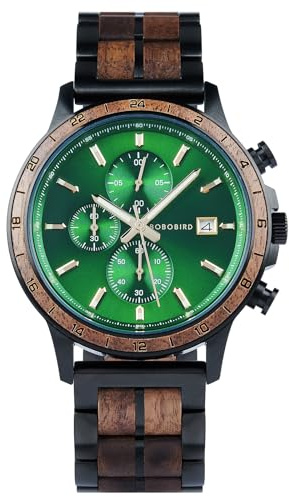 BOBO BIRD Men's Wooden Watch with Stainless Steel Wood Strap, Japanese Quartz Movement, Multi-Functional Chronograph Watch for Business and Daily Wear (Green)