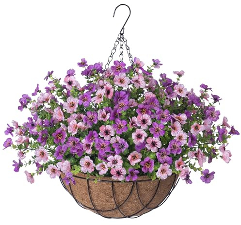 INXUGAO Artificial Silk Flowers Hanging Basket for Outdoor Indoor, Daisy with Eucalyptus Leaves Arrangement for Garden Yard Spring Decor, Faux Green Plant in Metal Coconut Lining Pot(Purple Pink)