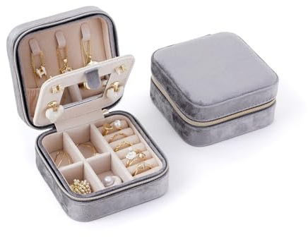CASEGRACE Reise-Schmuckkästchen, Plüsch-Samt-Schmuckschatulle, kleiner Schmuck-Reise-Organizer, Präsentation, Ringe, Halsketten, Armbänder, Ohrringe, Aufbewahrungsbox für Damen, Grau