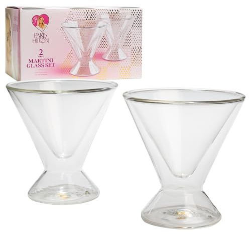 Paris Hilton 2-Piece Martini Glass Set, Double Wall Glass Design, Great for Martinis, Cocktails, Cosmopolitans, Margaritas, 7-Ounce, Clear