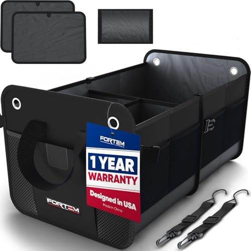 FORTEM Car Boot Organiser, SUV Boot Tidy, Trunk Storage, Collapsible Multi Compartment Car Organiser, Non Slip Bottom, Adjustable Securing Straps, Foldable Cover (50L)