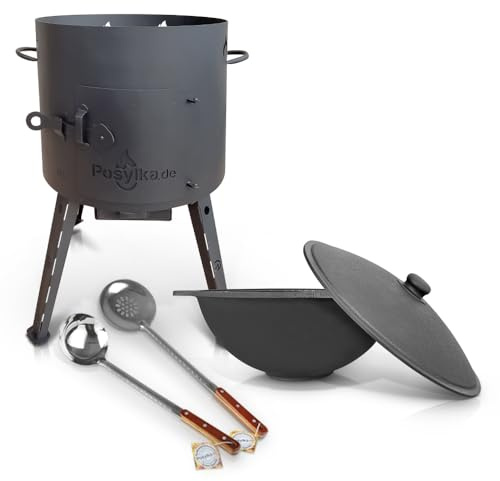 Utschak Feuerofen mit Gusseisen Topf flacher Boden mit Deckel 12 L Ø 40 cm Kazan Schaumlöffel für Plov 48 cm Schöpfkelle für Plov 48 cm Учаг Uchag казан Kasan Oven (Set 3)