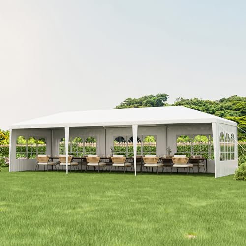 Tangkula 10x30 Ft Heavy Duty Party Tent, Large White Event Tent with 6 Sidewalls & 2 Zippered Door, Stakes & Ropes for Wedding, Patio, Backyard, Parties