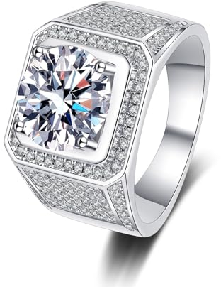 Bandring 585 Weis Gold Breit, Herren Verlobungsring Hochzeitsringe 14 Karat Echt Gold mit Labor Diamant 2ct, D, VVS1-VVS2, Gr. 61 (19.4)