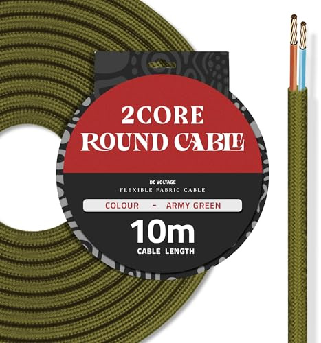 DC VOLTAGE Army Green Braided Fabric Cable 10m 2 Core Retro Lamps Flex Cord | 6mm Diameter | 0.75mm Inner Wire | 18AWG | 8A | 300V | 2 Conductor Electrical Wire Universal Fit For Hanging Lamp Shade Light