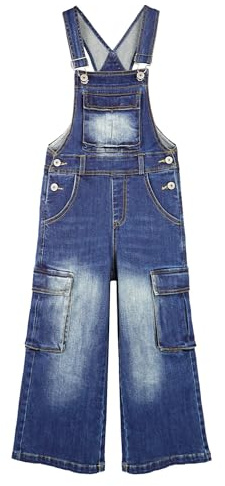 KIDSCOOL SPACE Salopette en denim pour fille, jambes larges, poches en accordéon avec talon profond, jean cargo, salopette, bleu foncé