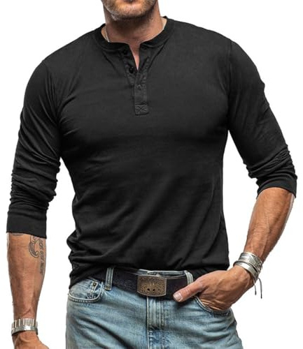 RQPYQF Maglietta da Uomo Manica Lunghe Casuale Henley T-Shirt Maglie a Manica Lunga Leggera Top vestibilità Regolare CS37 (Nero, L)