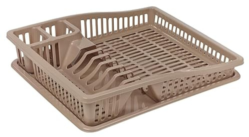 URBN-CHEF Scolapiatti in plastica con vassoio, organizer per lavello da cucina, per piatti, posate, bicchieri e utensili, compatto e spazioso, a scelta tra grigio, marrone, blu o tortora