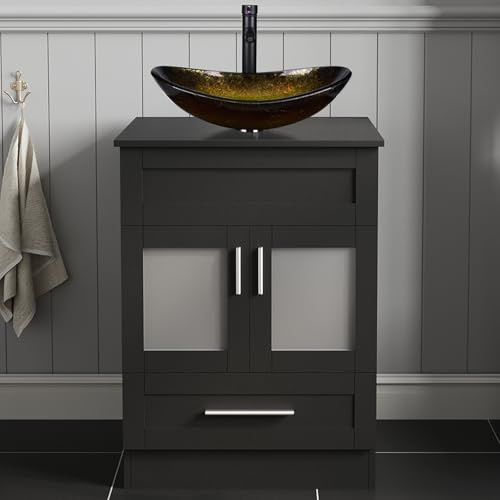 ARTETHYS Bathroom Sink Cabinet, 60cm Bathroom Storage Cabinet | Vanity Units with 2 Doors and a Drawer, Modern Black Cabinets Free Standing with Gold Countertop Basin