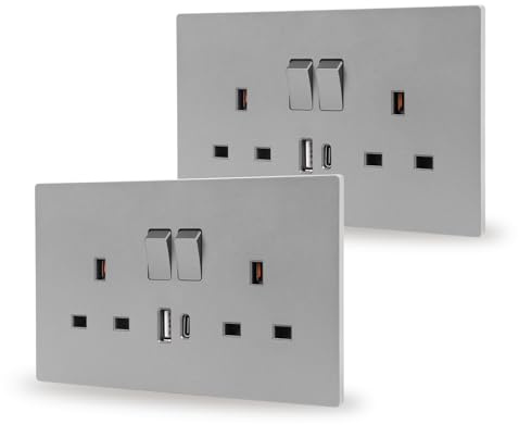 JIMEIDA 2 Pack Double Switched Socket Grey 13 Amp with USB-A And Type-C Charging Ports PC Panel Wall Outlet Power Socket