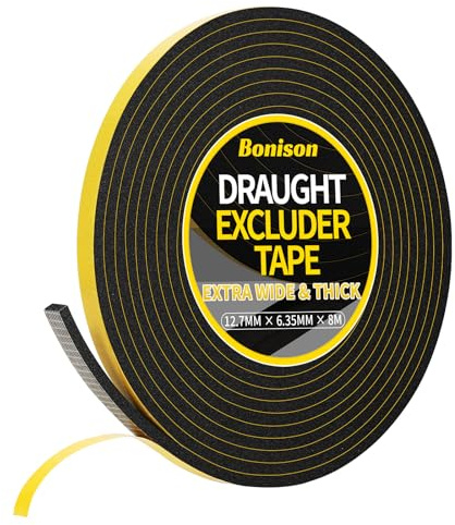 Bonison Draught Excluder Door & Window Seal – Self-Adhesive High-Density Closed-Cell Foam Weather Strip, 12.7mm × 6.35 mm × 8 m Soundproof & Waterproof Gap Filler Black – for Doors Windows Frames
