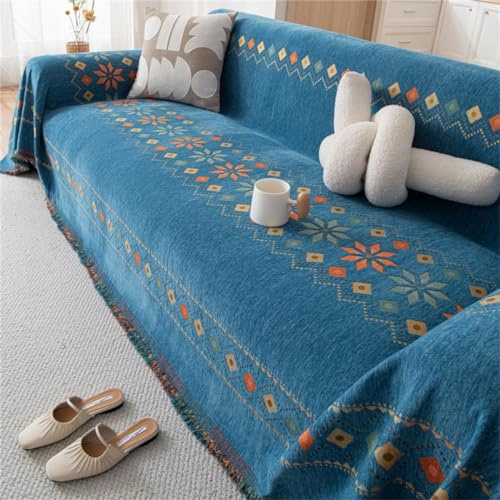 YJSZY Sofa Throws Large,Bohemian Extra Large Throws For Settees,Boho Chenille Versatile Soft Throw Blanket With Tassels For Bed Armchair Chair Slipcover 1 2 3 4 Seater,Couch Cover (Blue,180x380cm)