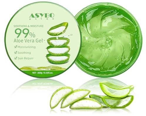 ASYBO Gel de aloe vera de 300 ml – 99% puro orgánico de aloe vera hidratante para rostro y cuerpo, crema de aloe natural para piel seca, quemaduras solares, acné