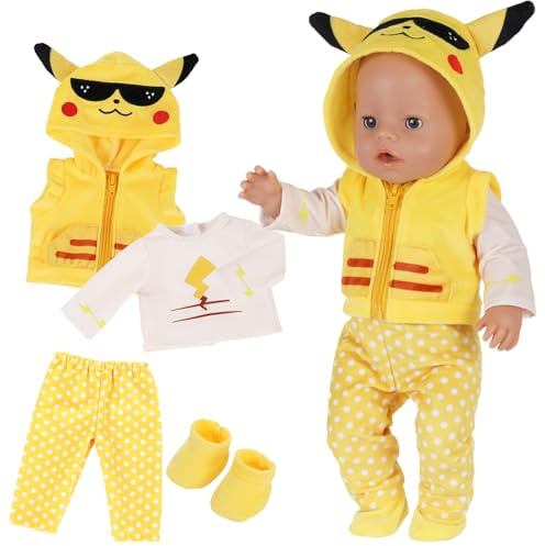 Baby Puppen Puppenkleidung für 35-43 cm Neugeborene Zoll, 4 Stück Gelbe Tiere Kleidung Outfits mit 1 Oberteil 1 Weste 1 Hose 1 Socken für 14-18 Zoll Puppen für Geburtstag Jungen und Müdchen