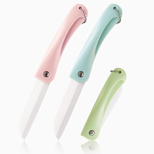 Pasdrucn 3 Stück Keramik faltbar gemüsemesser, Obstschneider aus Keramik, gemüsemesser speckmesser klapp cuttermesser für Kindernahrung Sicherheit, gesund (A)