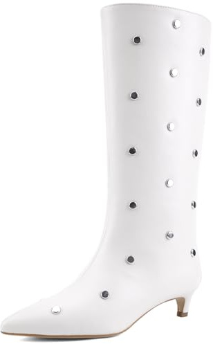 JilTrdWei Women's Mid-Calf Boots with Studded Detail, Square Toe Low Kitten Heel Faux Leather Boots with Side Zipper, Fashion Mid Calf Boots for Party, Daily Wear and Fall Outfits-whi-7.5