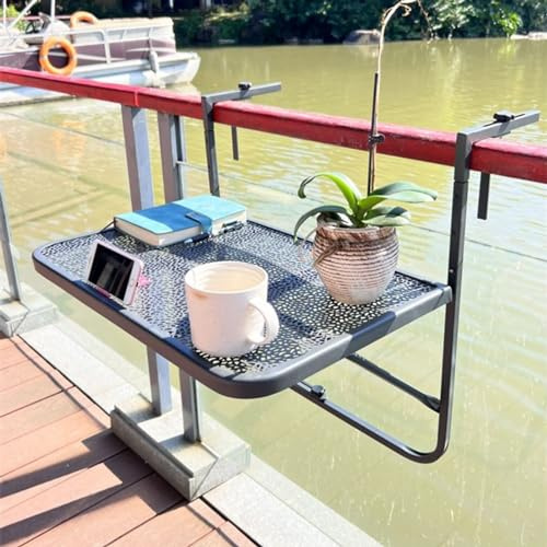 Verstellbarer klappbarer Balkonhängetisch – Metallschiene, Geländer, Serviertisch für den Außenbereich, Terrasse, Garten, Deck – 3 Höhenoptionen – stilvolles schwarzes Finish