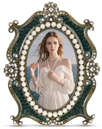 Essovee Vintage Picture Frames 5x7,Metal Vintage Photo Frame, Oval Photo Frame with Crystal and Pearl Decoration,HD Glass, Suitable for Elegant Home Decor Memory Keepsake Display Gift,Green
