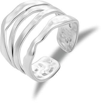 Stainless Steel Silver Hammered Rings, Adjustable Multi Layered Silver Ring