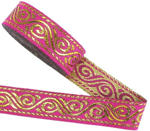 GORGECRAFT Cinta de Tela Jacquard Metálica de 6.4 m, 2cm, Rojo Dorado, Doble Cara, Bordada Étnica, con Flecos, para Bolso, Ropa, Cortina, Manualidades, Papel de Regalo.